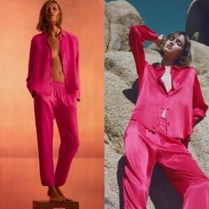 Zara Hot Pink Satin Tapered Pants with Elastic Waist